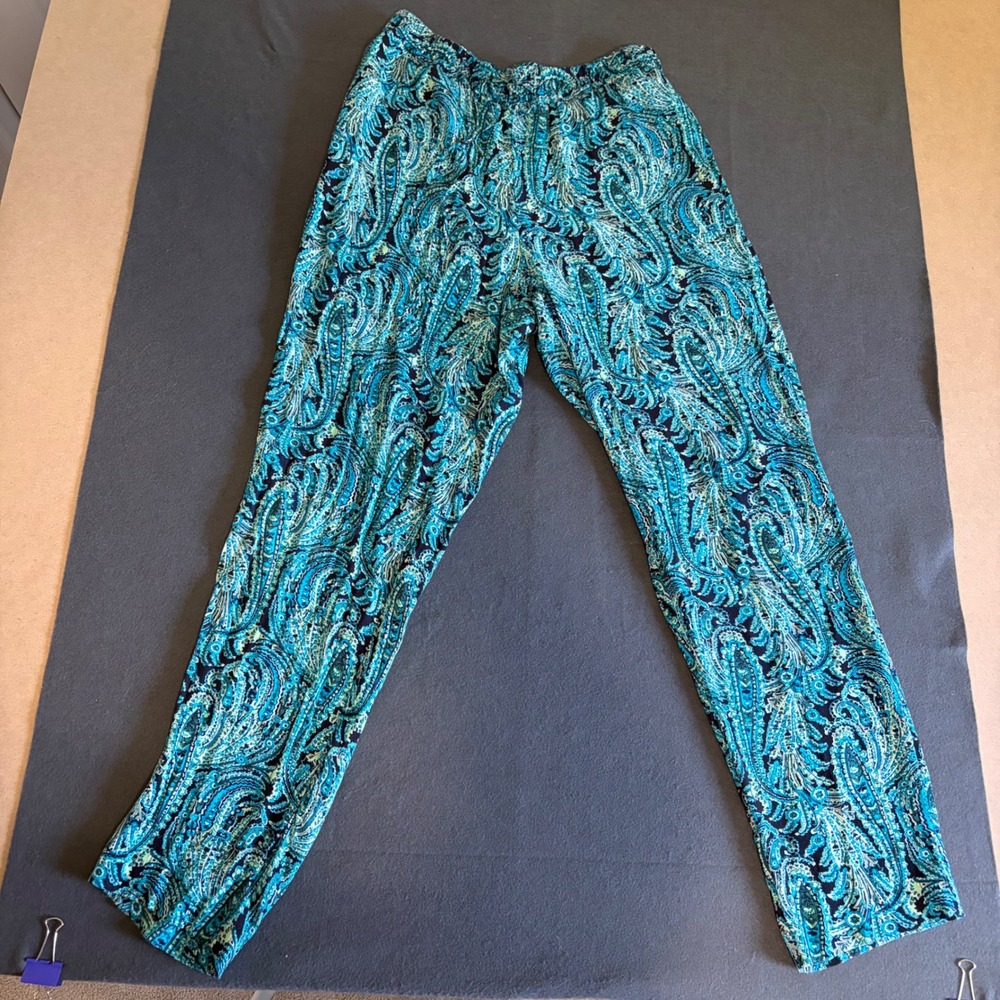 Talbots Paisley Pants Womens Size M Blue Soft Casual Resort Core Elastic Band